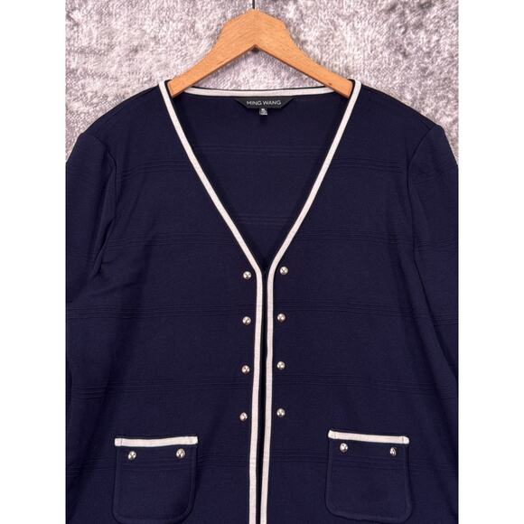 Ming Wang Jacket XL Womens Navy Blue Piped Knitted Cardigan - Picture 2 of 8